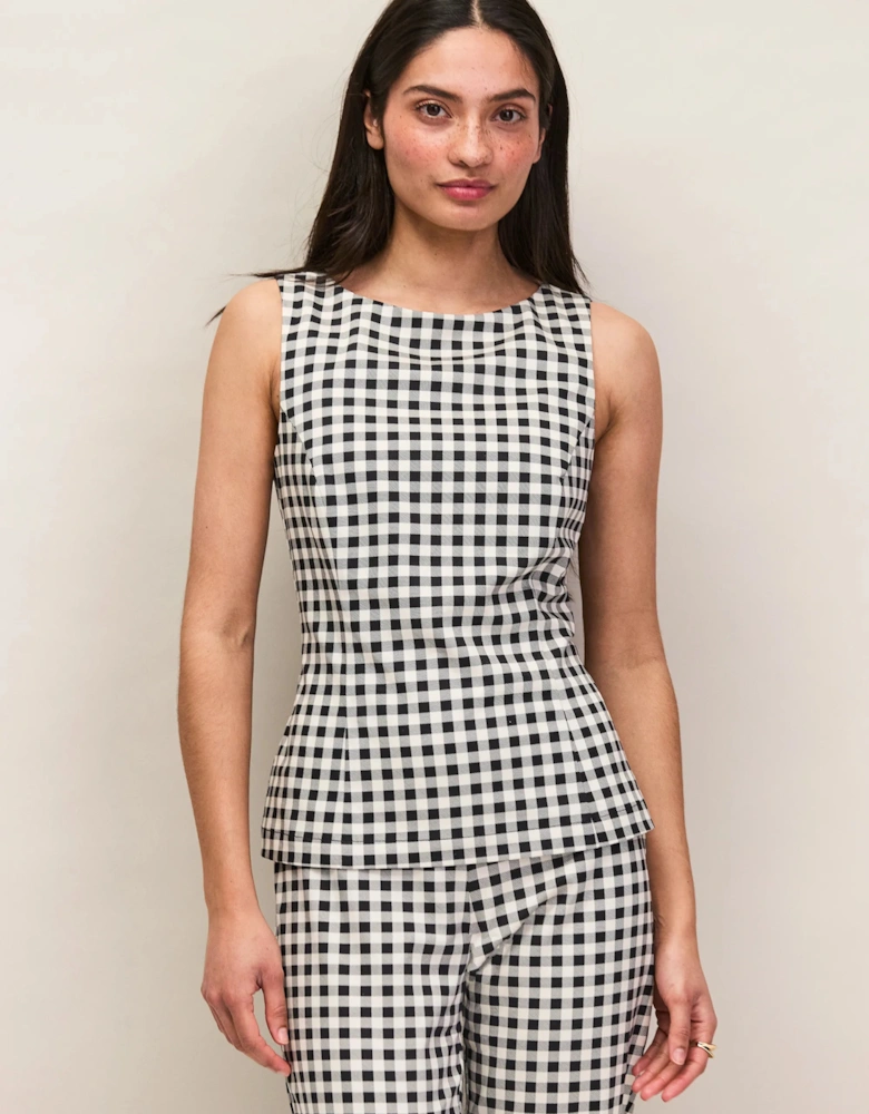 Black And Ivory Gingham Cotton Peplum Top