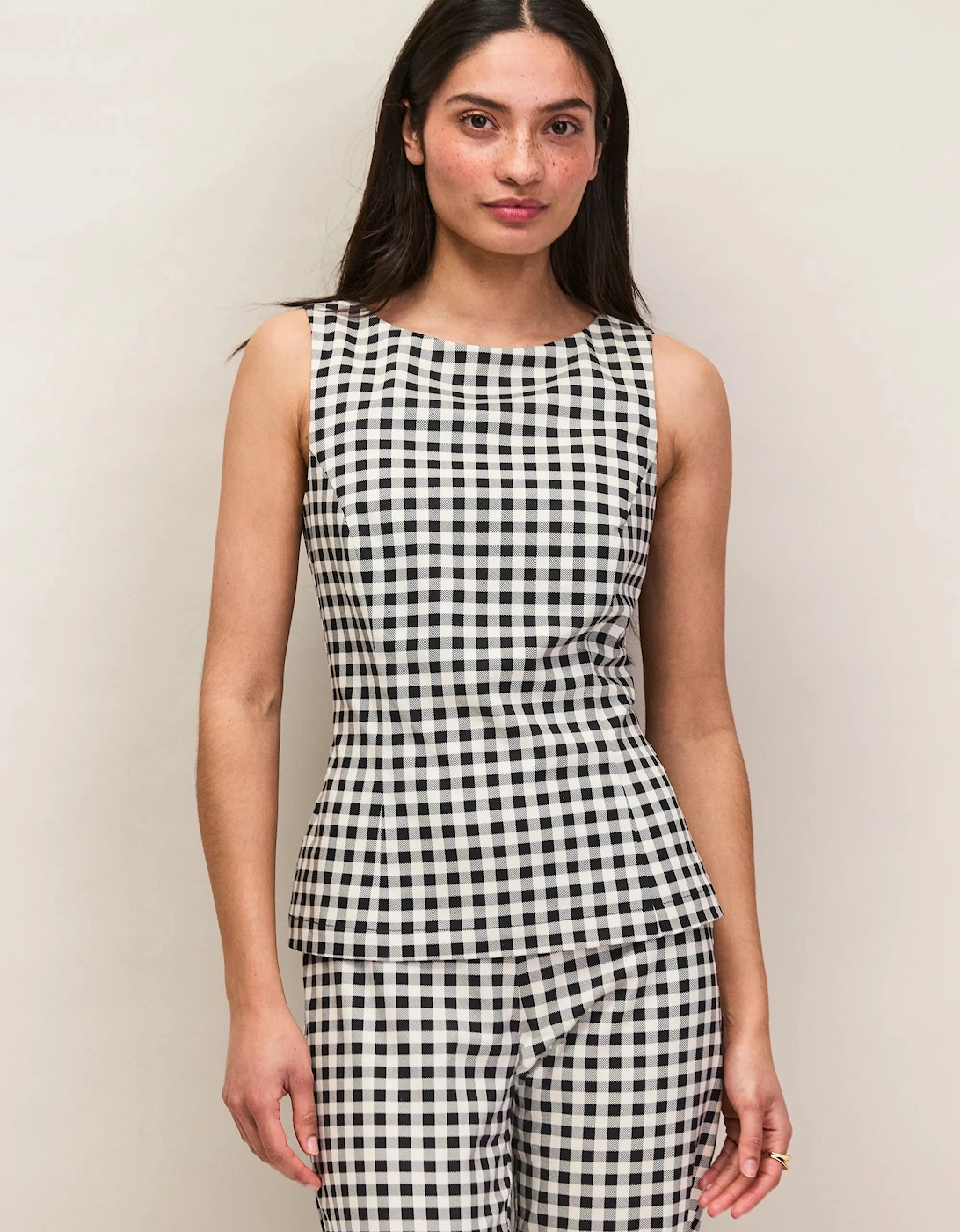 Black And Ivory Gingham Cotton Peplum Top
