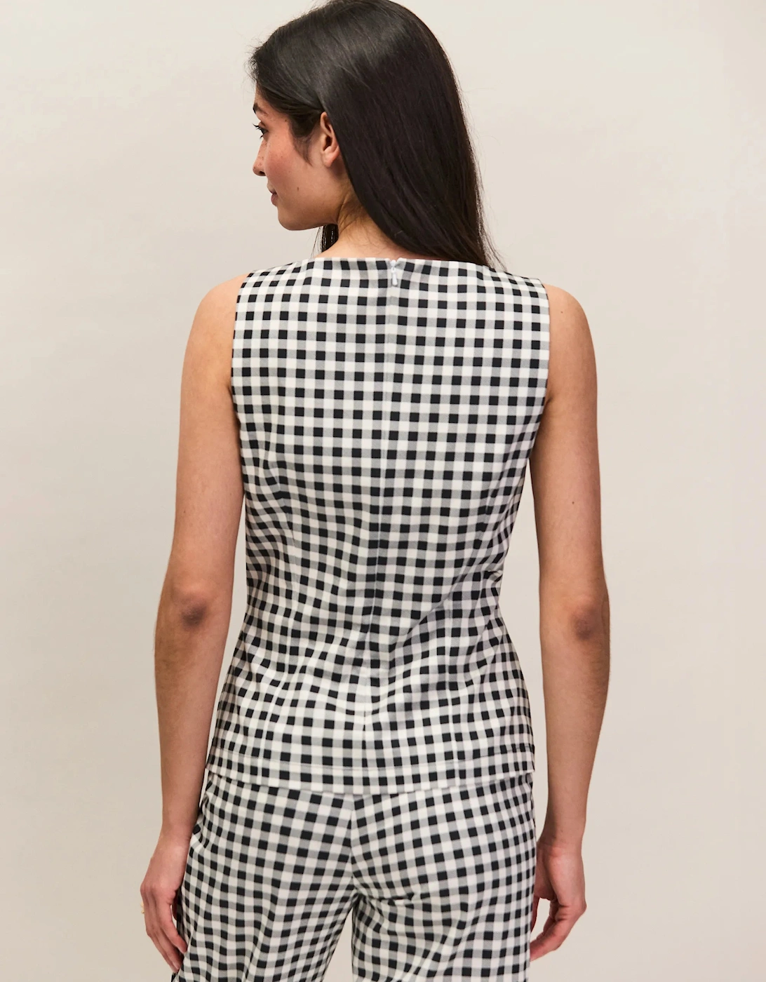 Black And Ivory Gingham Cotton Peplum Top