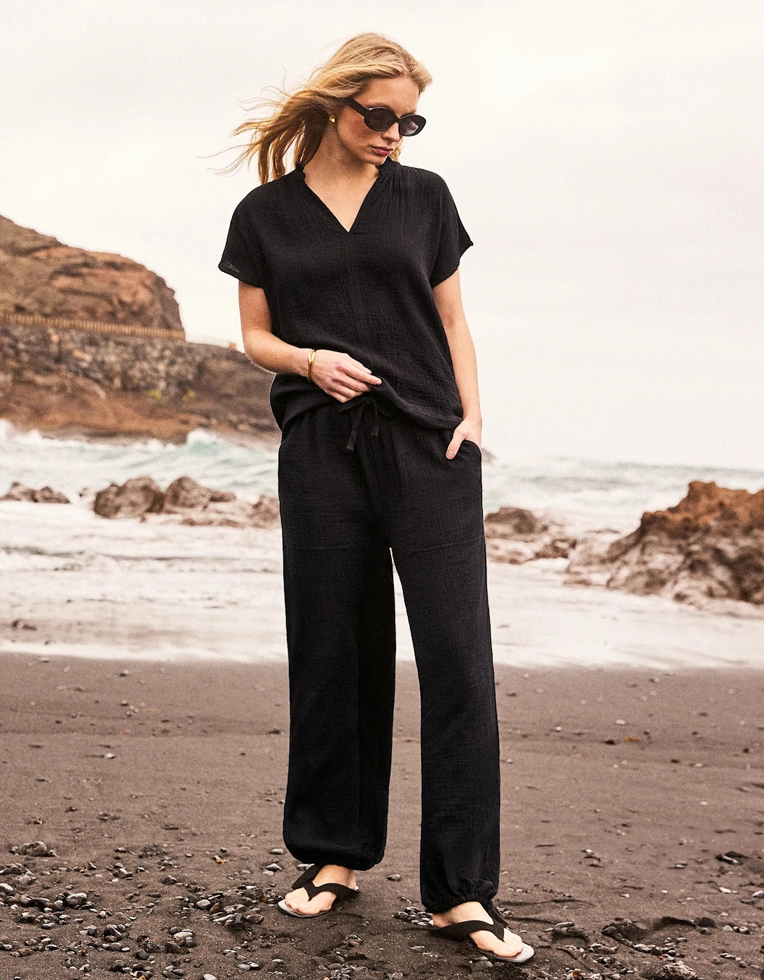 Petite Black Cheesecloth Drawstring Cuff Trousers