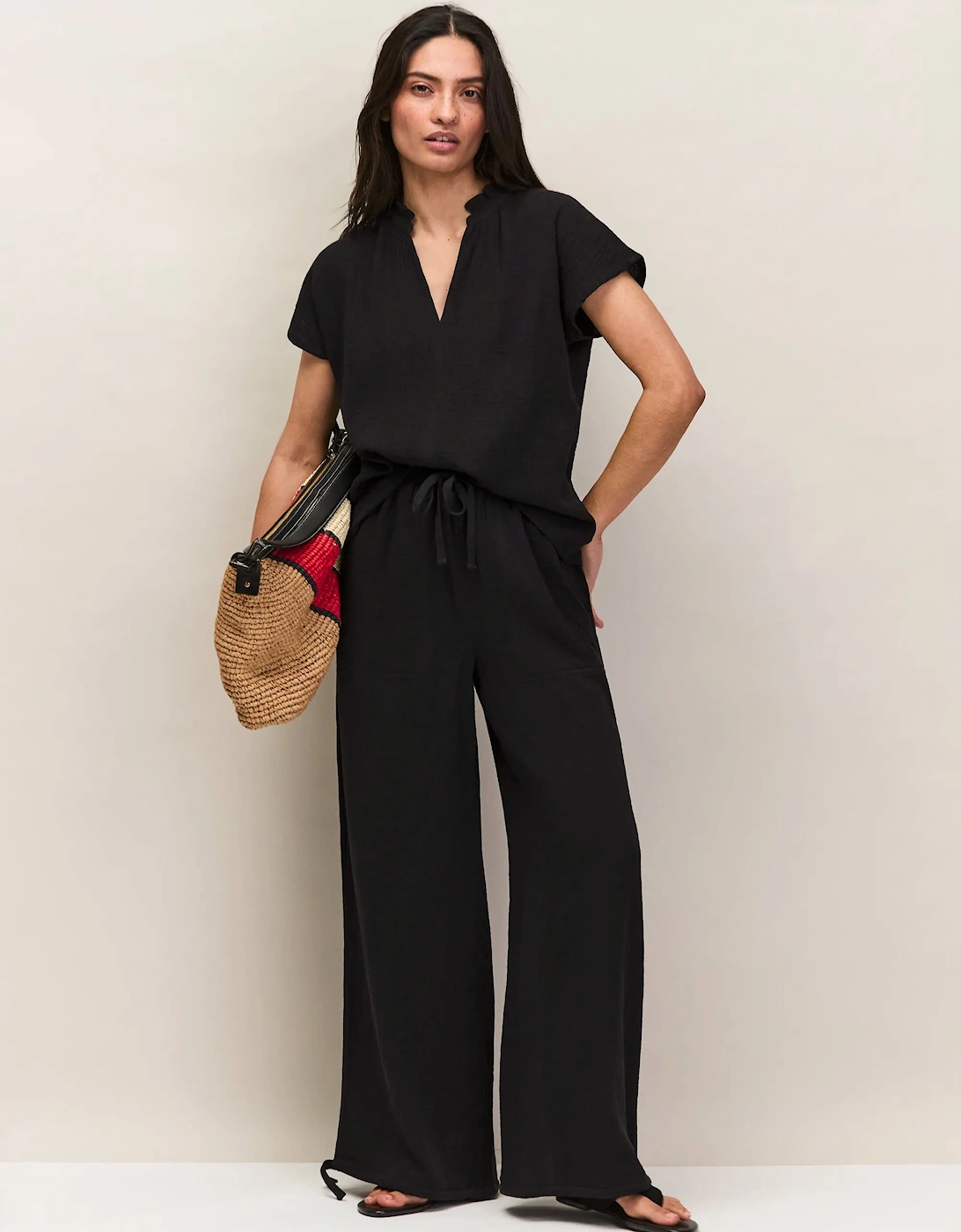 Petite Black Cheesecloth Drawstring Cuff Trousers