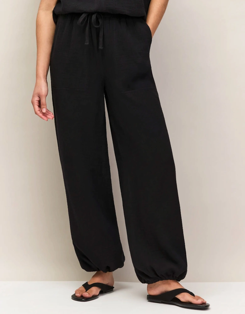 Petite Black Cheesecloth Drawstring Cuff Trousers