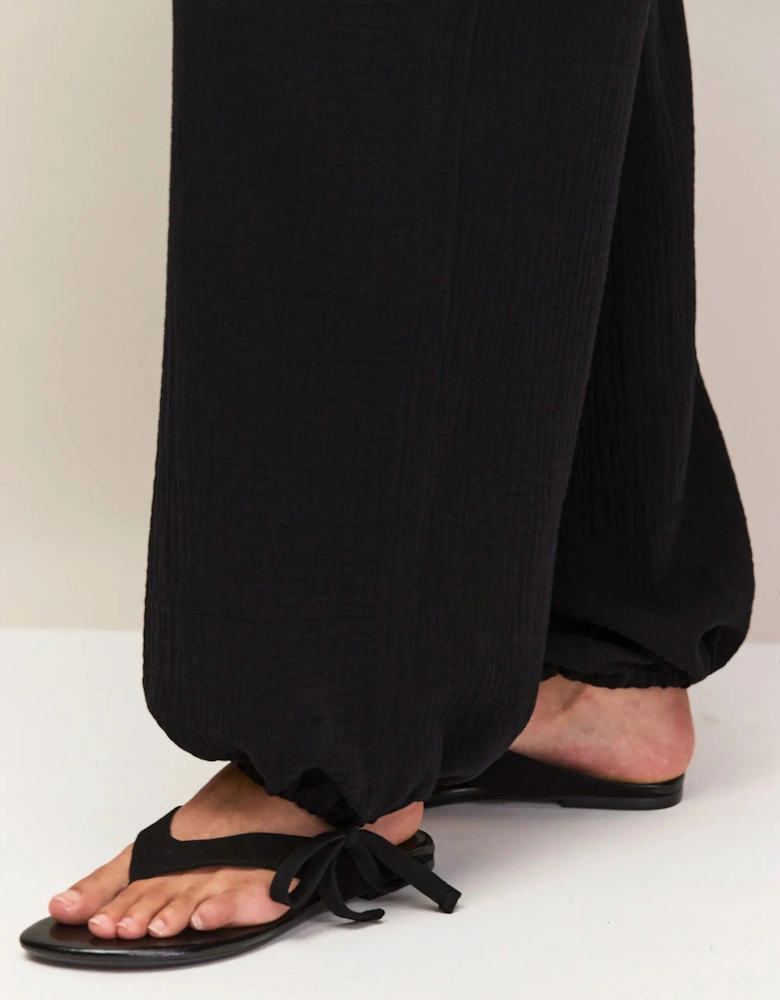 Petite Black Cheesecloth Drawstring Cuff Trousers