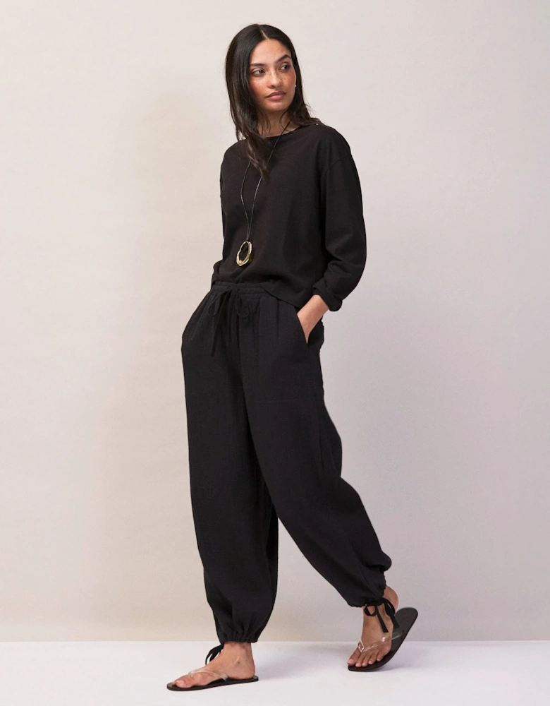Petite Black Cheesecloth Drawstring Cuff Trousers