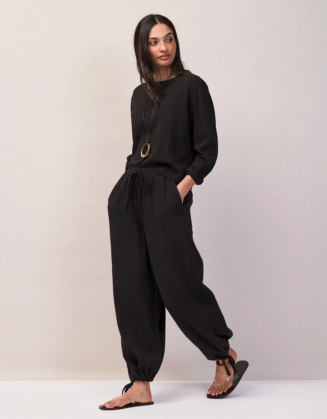 Petite Black Cheesecloth Drawstring Cuff Trousers