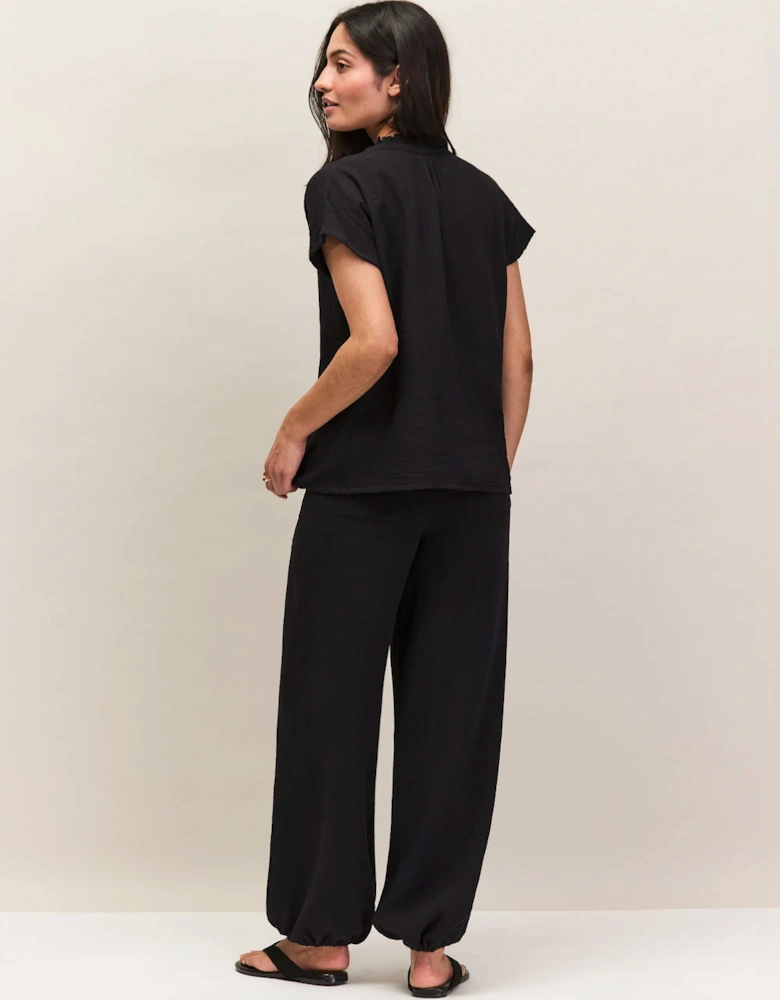Petite Black Cheesecloth Drawstring Cuff Trousers