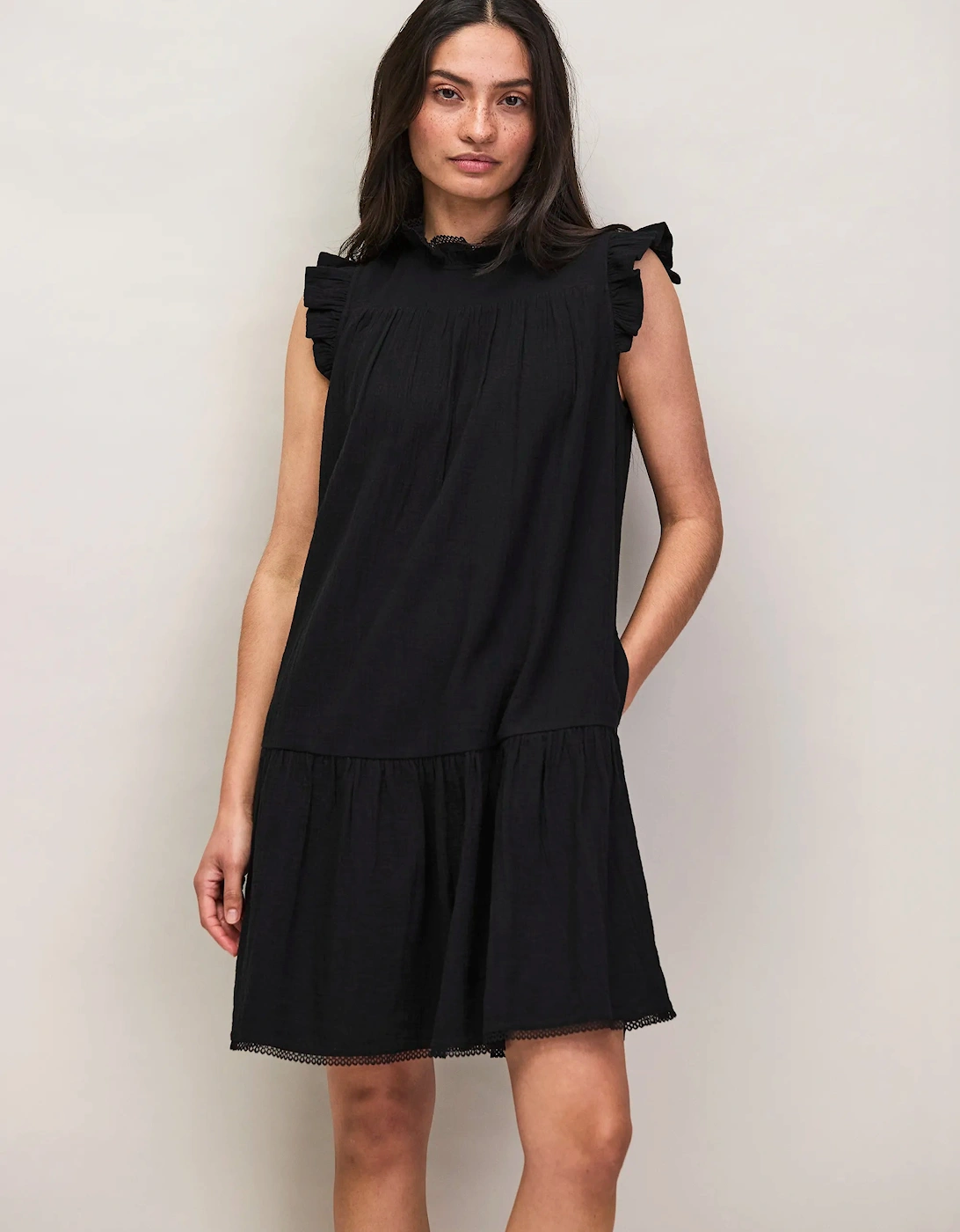 Black Cheesecloth Frill Neck Mini Dress