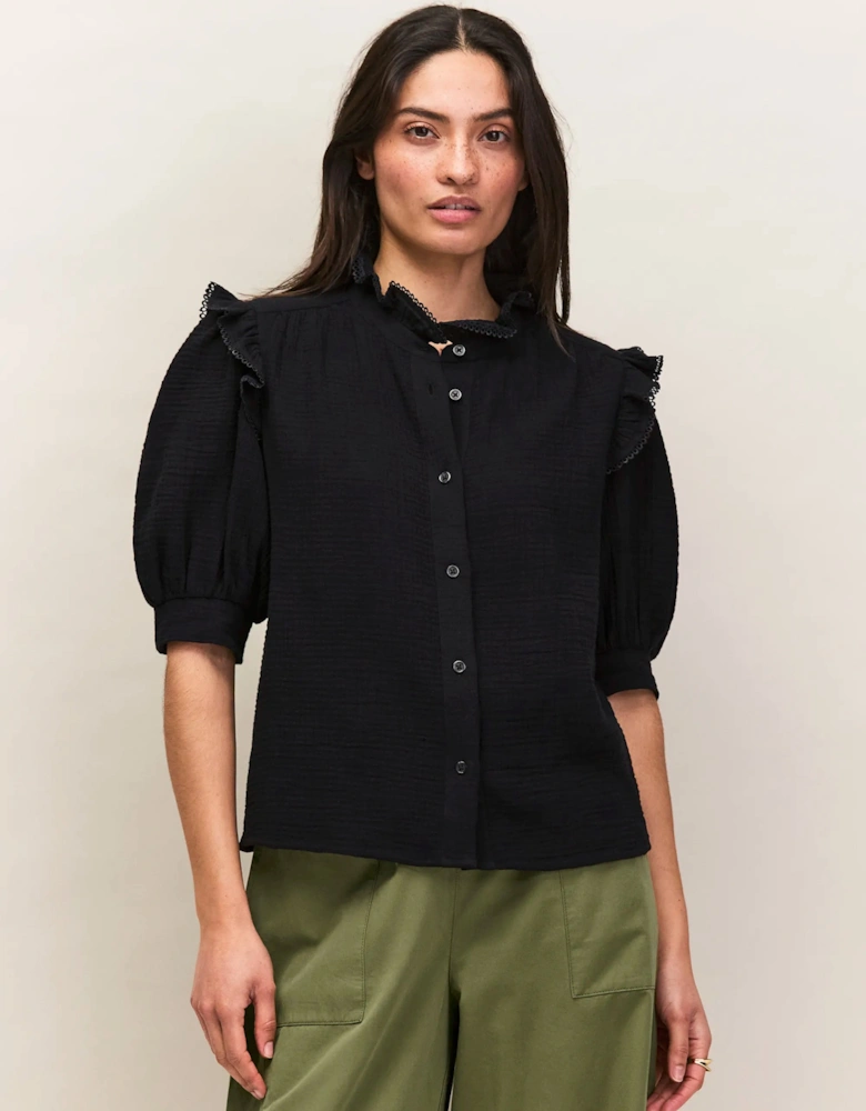 Black Cheesecloth Frill Short Sleeve Shirt