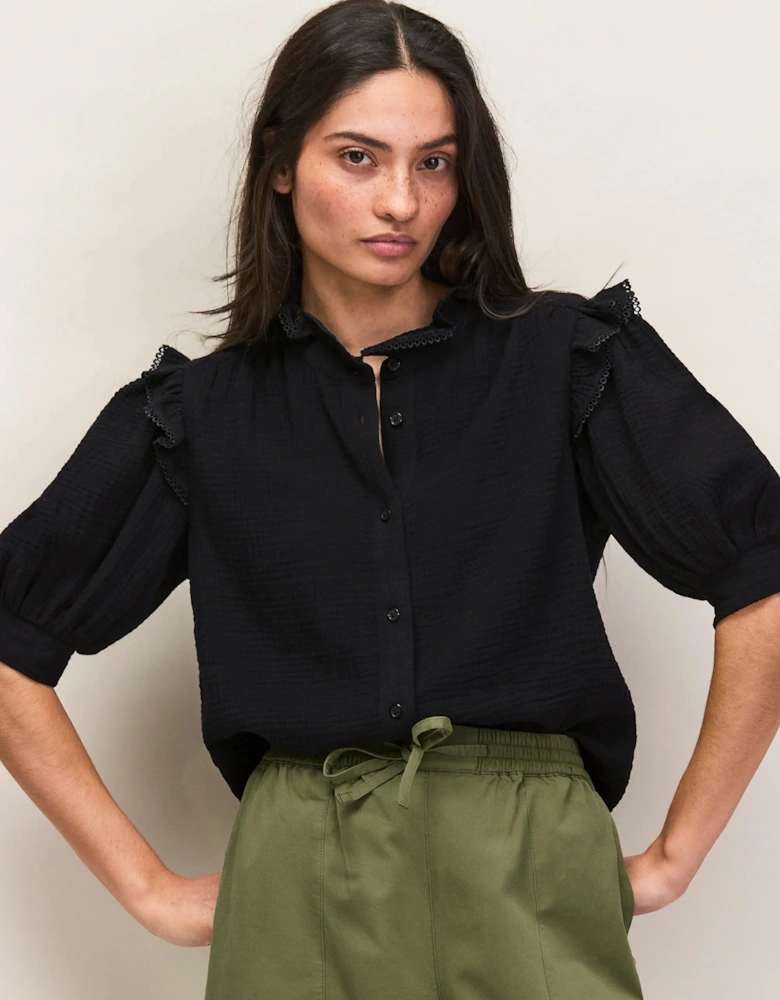 Black Cheesecloth Frill Short Sleeve Shirt