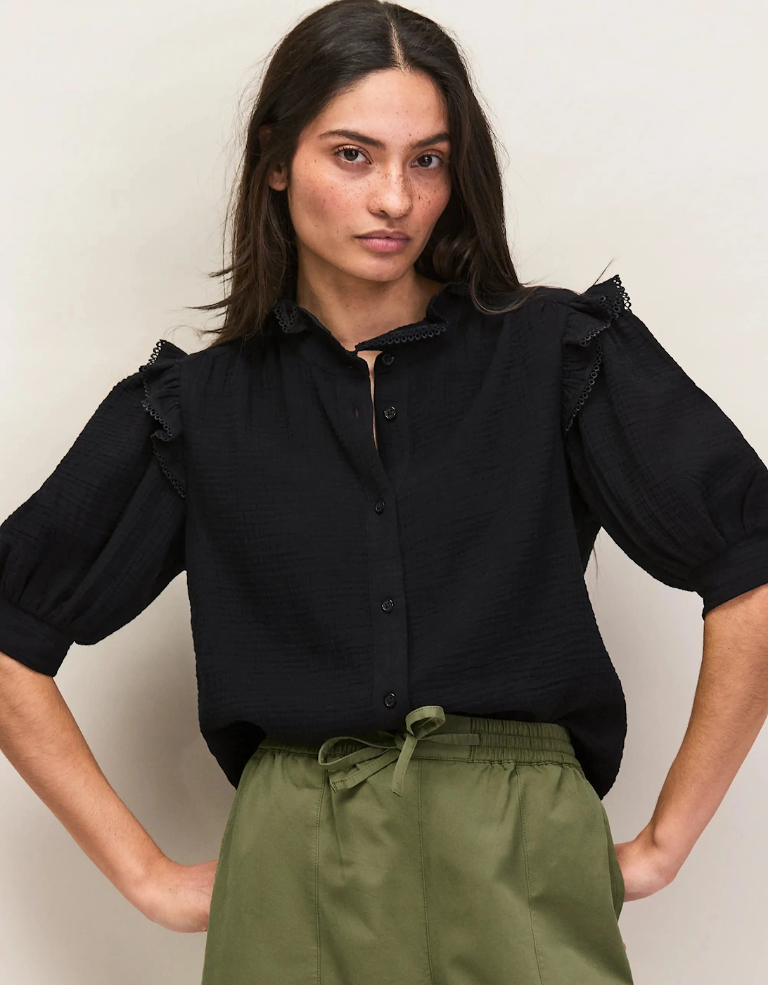 Black Cheesecloth Frill Short Sleeve Shirt