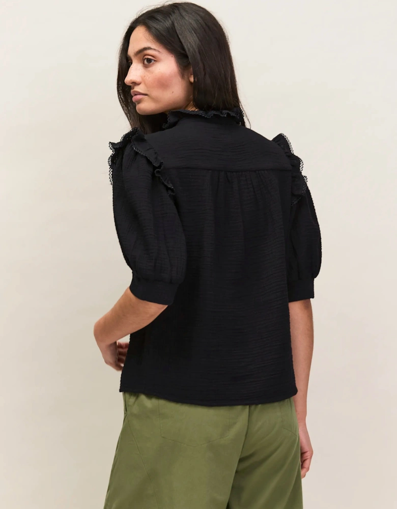 Black Cheesecloth Frill Short Sleeve Shirt