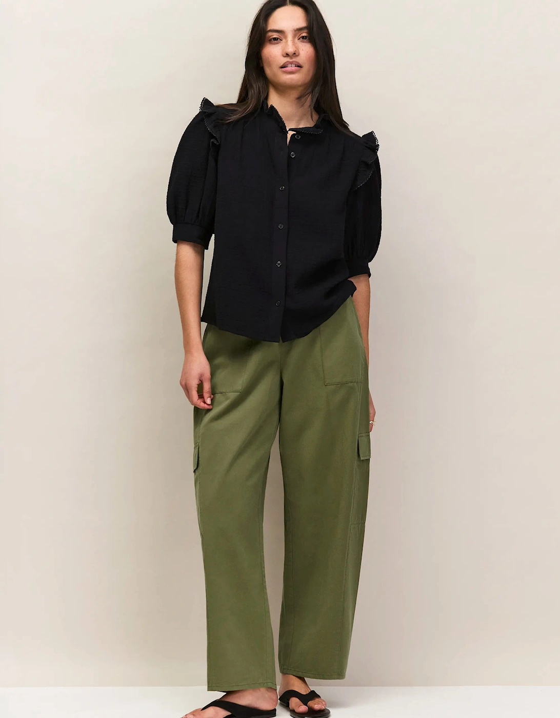Black Cheesecloth Frill Short Sleeve Shirt