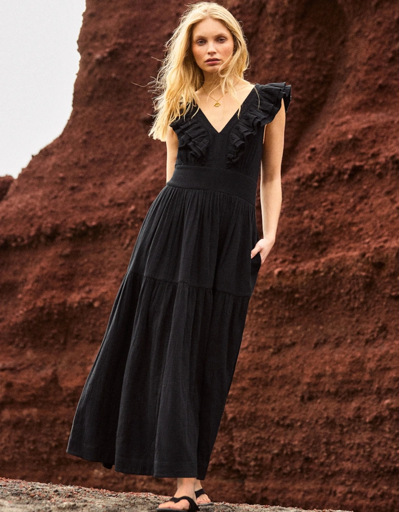 Petite Black Cheesecloth Ruffle V-Neck Midi Dress