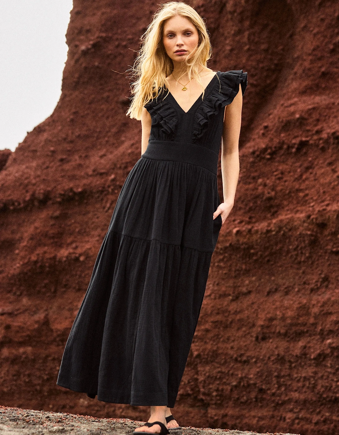 Petite Black Cheesecloth Ruffle V-Neck Midi Dress