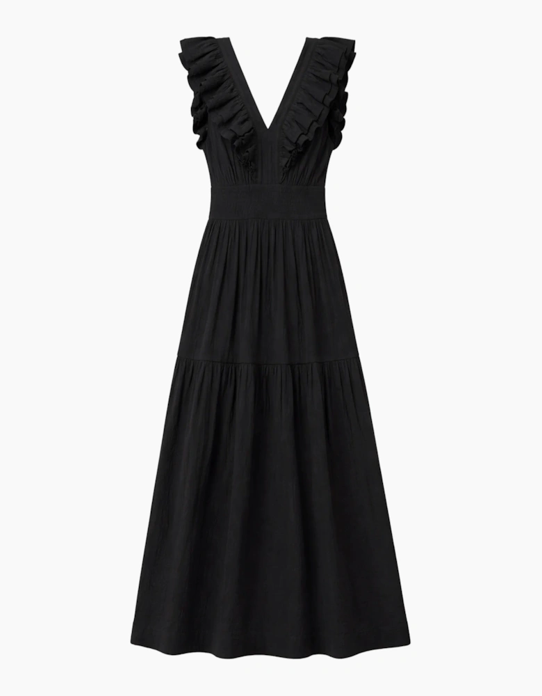 Petite Black Cheesecloth Ruffle V-Neck Midi Dress