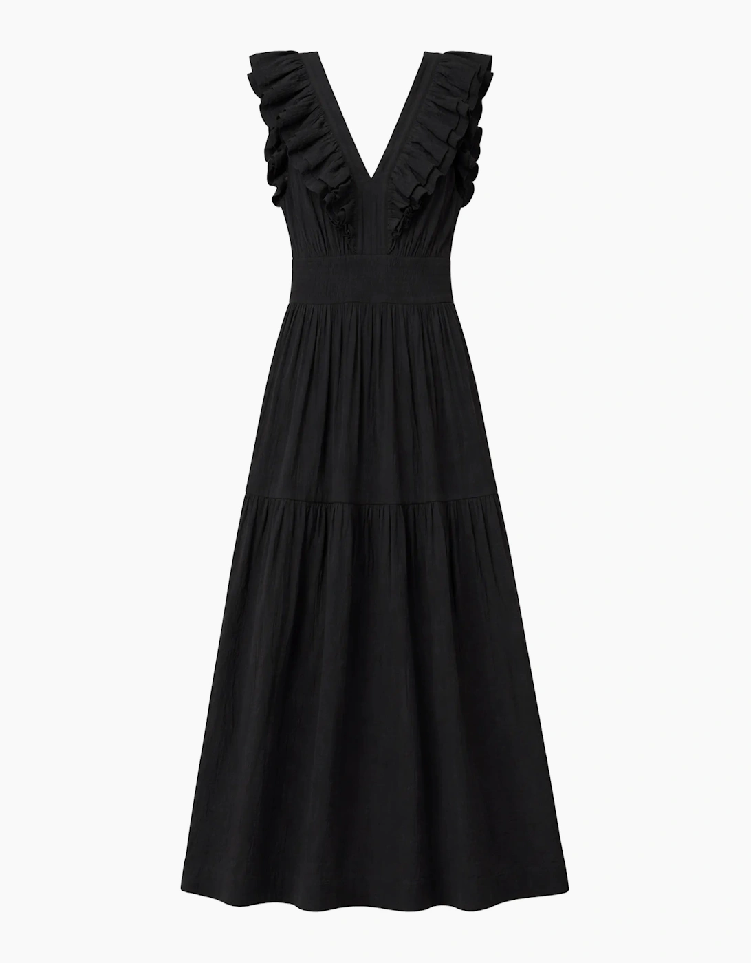 Petite Black Cheesecloth Ruffle V-Neck Midi Dress
