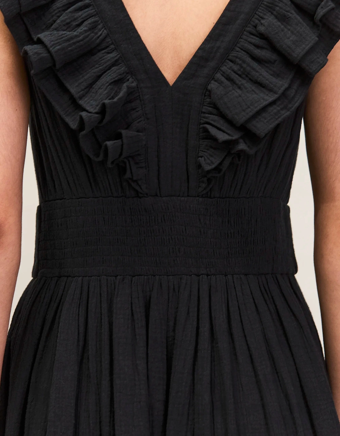 Petite Black Cheesecloth Ruffle V-Neck Midi Dress
