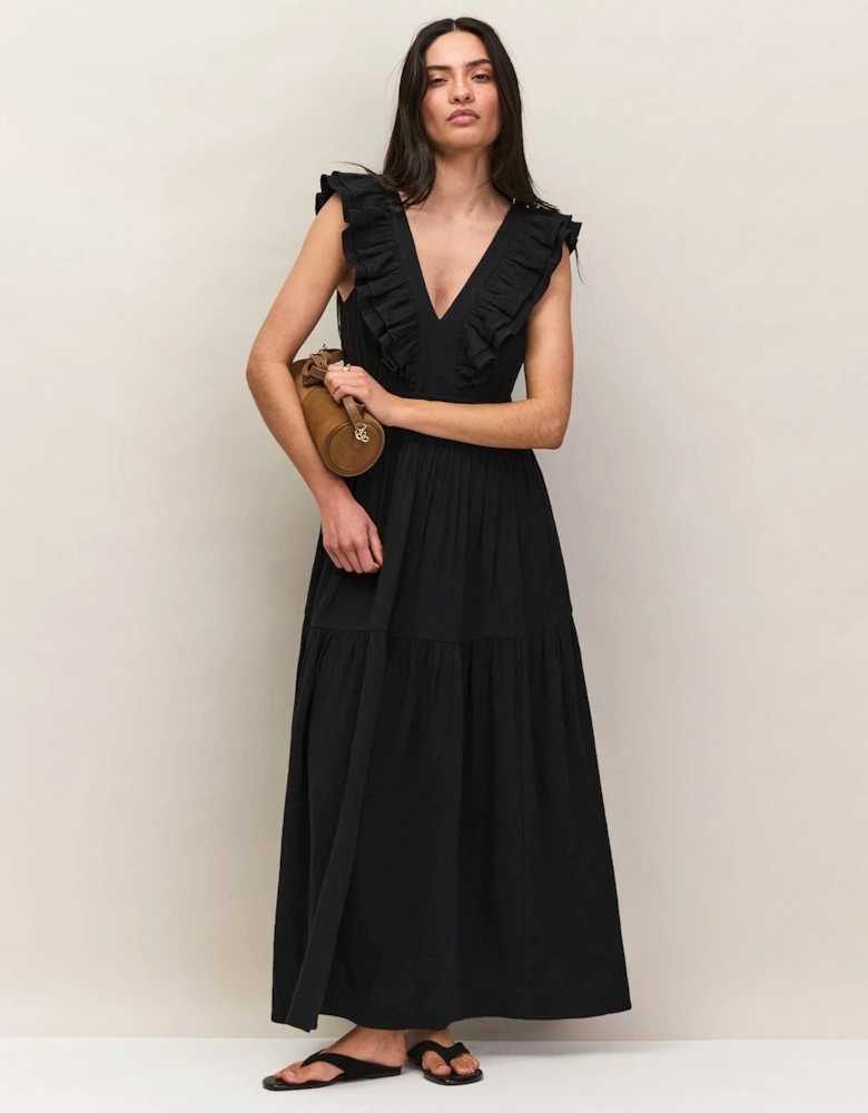 Petite Black Cheesecloth Ruffle V-Neck Midi Dress
