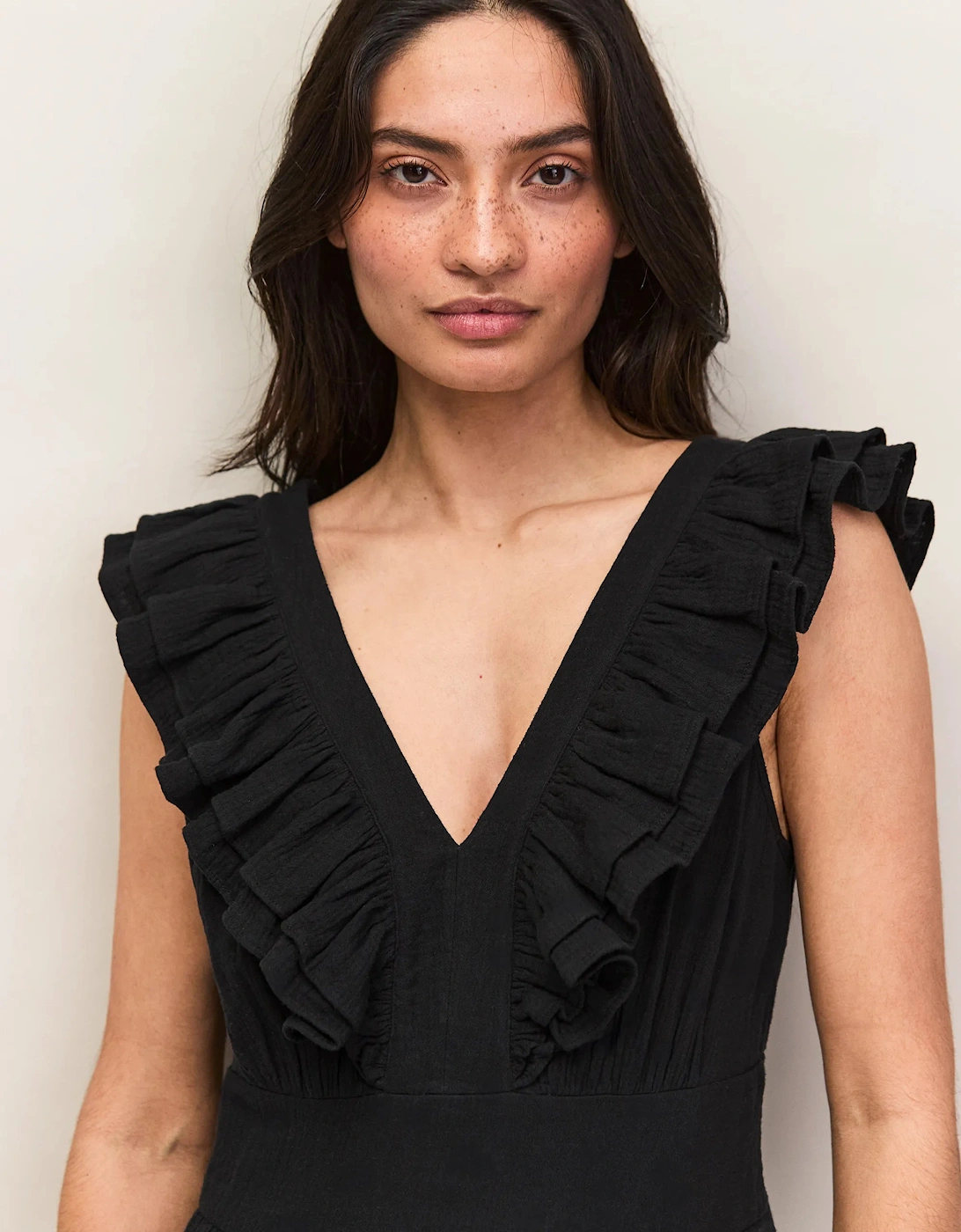 Petite Black Cheesecloth Ruffle V-Neck Midi Dress
