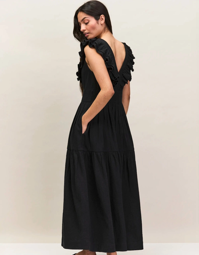 Petite Black Cheesecloth Ruffle V-Neck Midi Dress