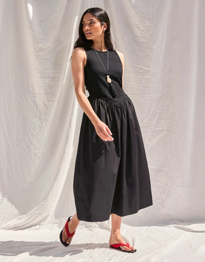 Black Jersey Bodice Midi Waisted Dress