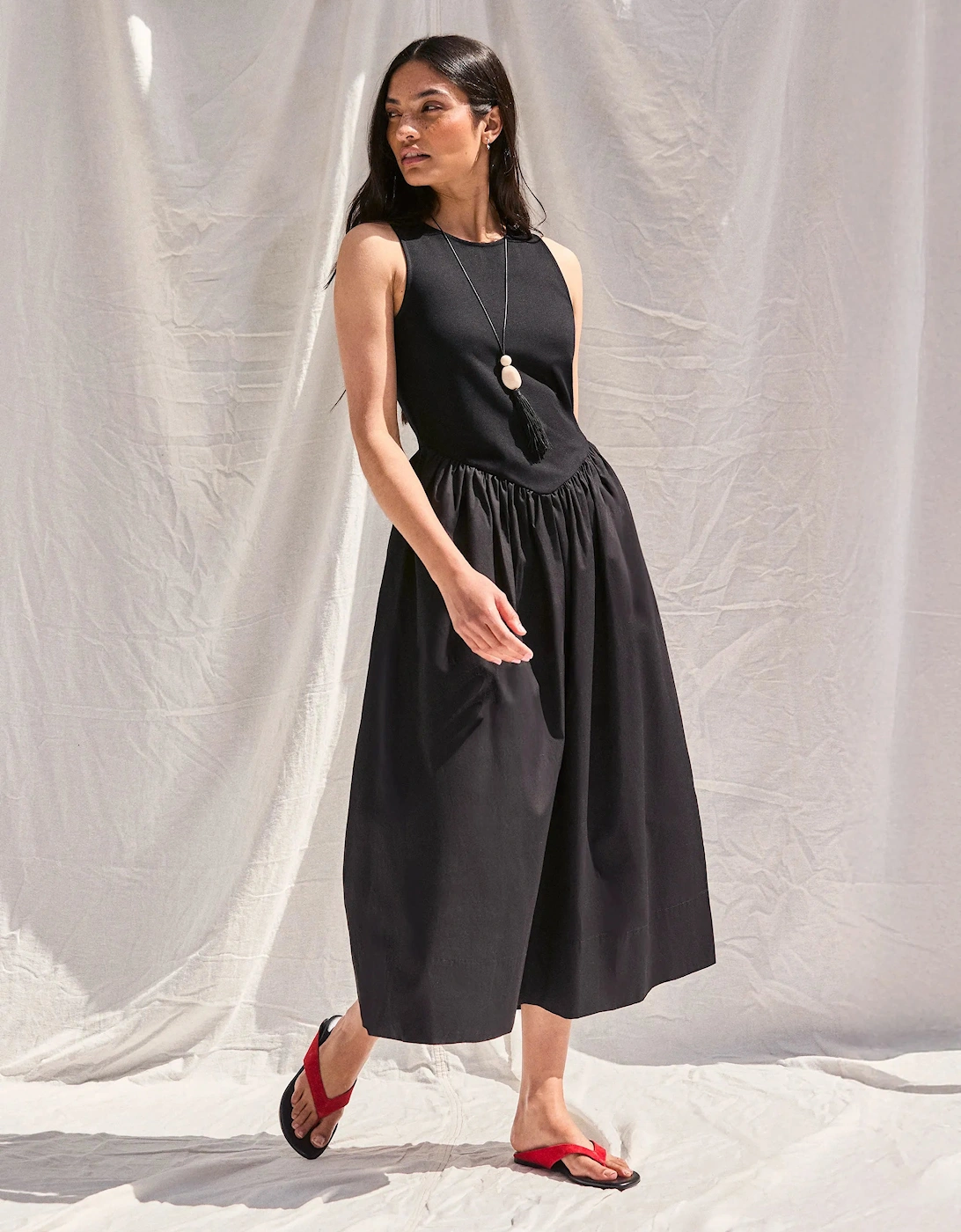 Black Jersey Bodice Midi Waisted Dress