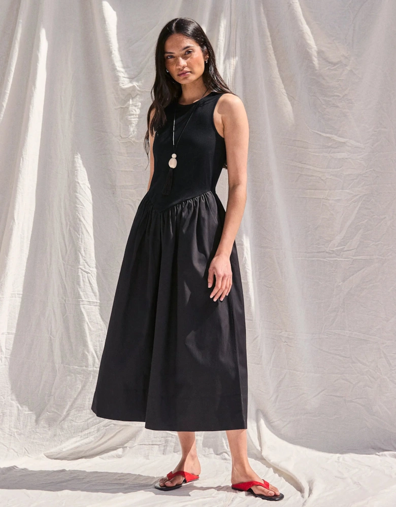 Black Jersey Bodice Midi Waisted Dress