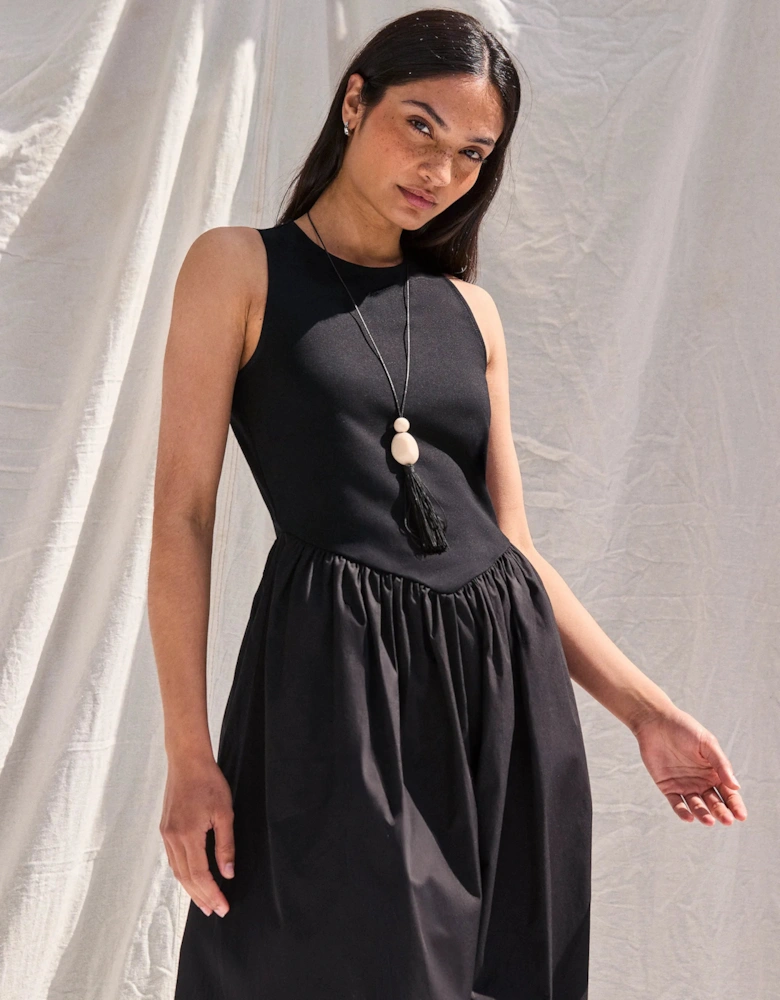 Black Jersey Bodice Midi Waisted Dress