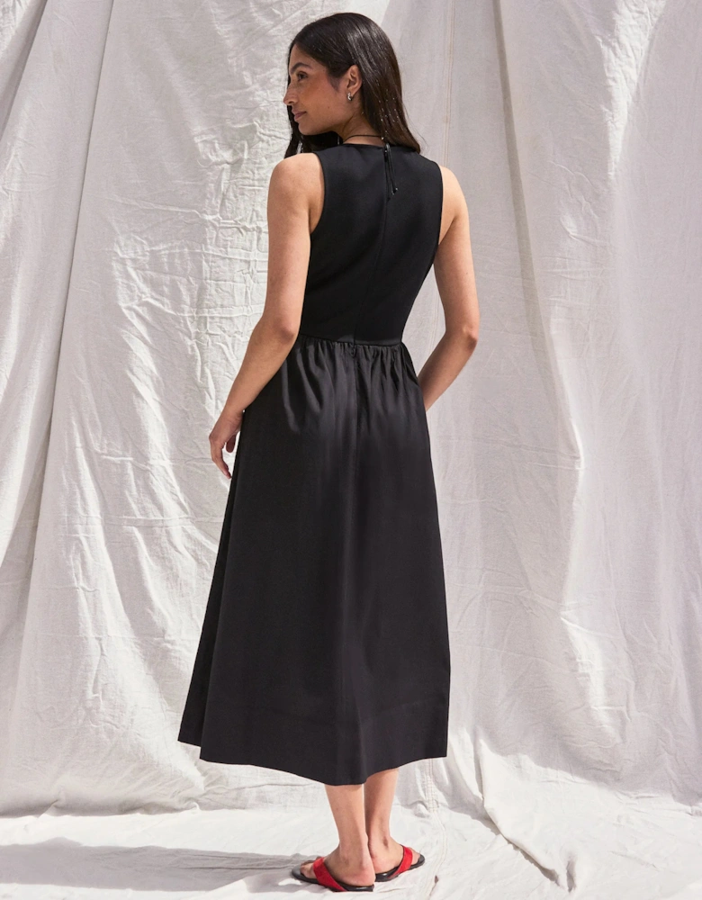 Black Jersey Bodice Midi Waisted Dress