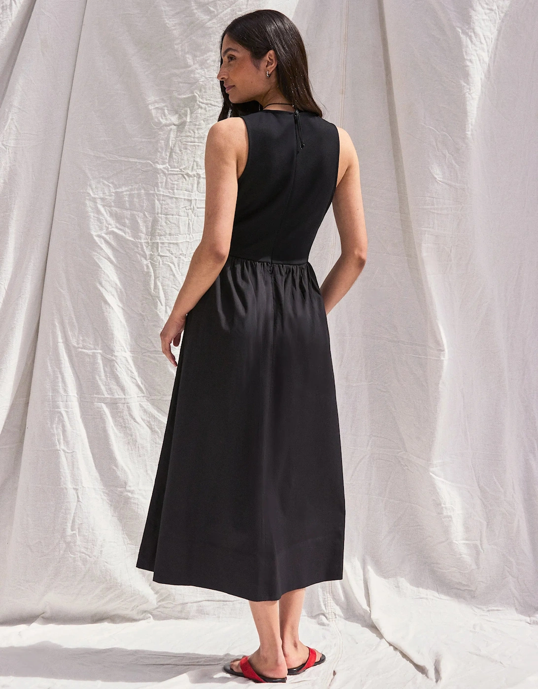 Black Jersey Bodice Midi Waisted Dress