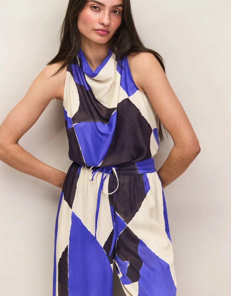 Blue Abstract Print Cowl Neck Top