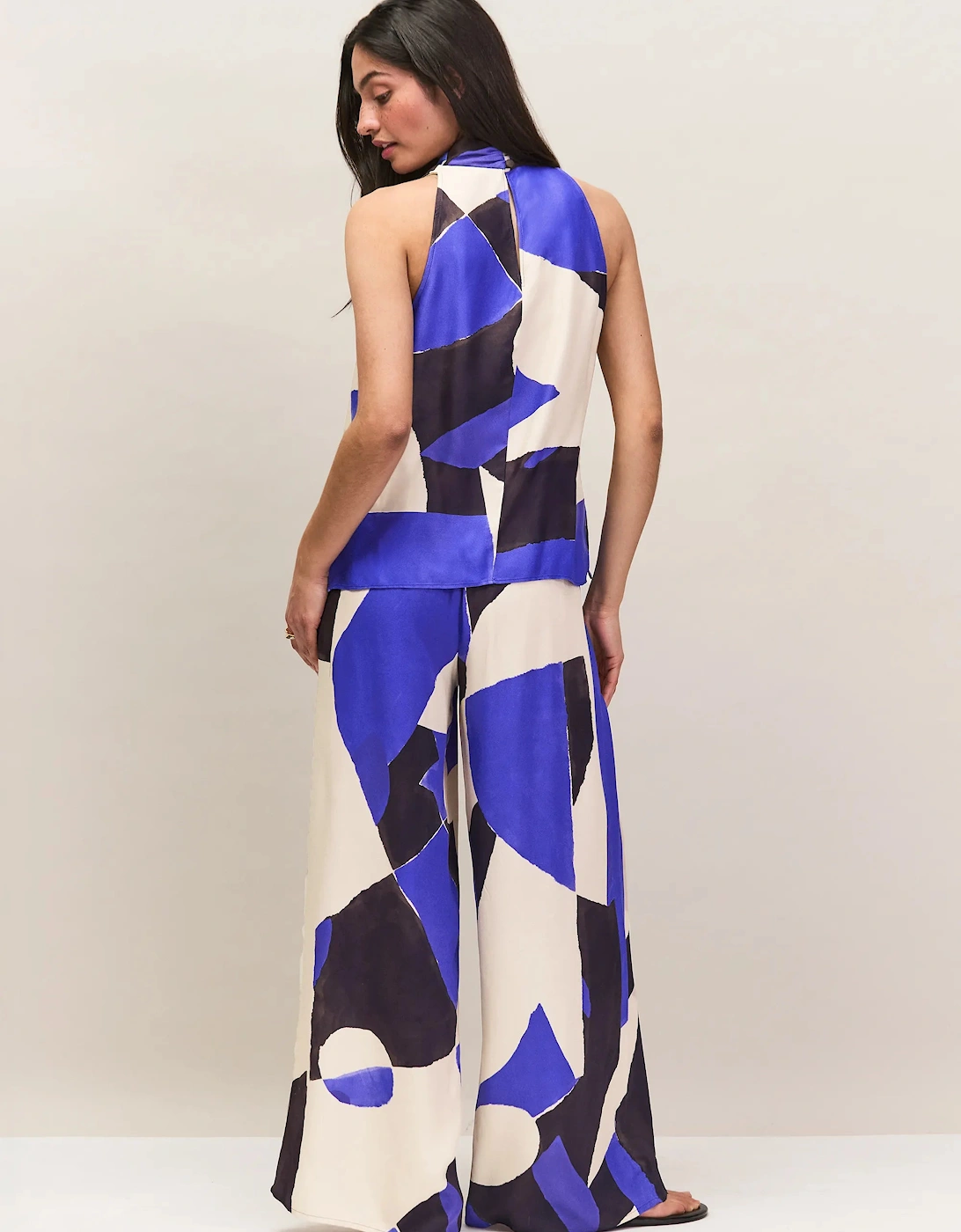 Blue Abstract Print Cowl Neck Top