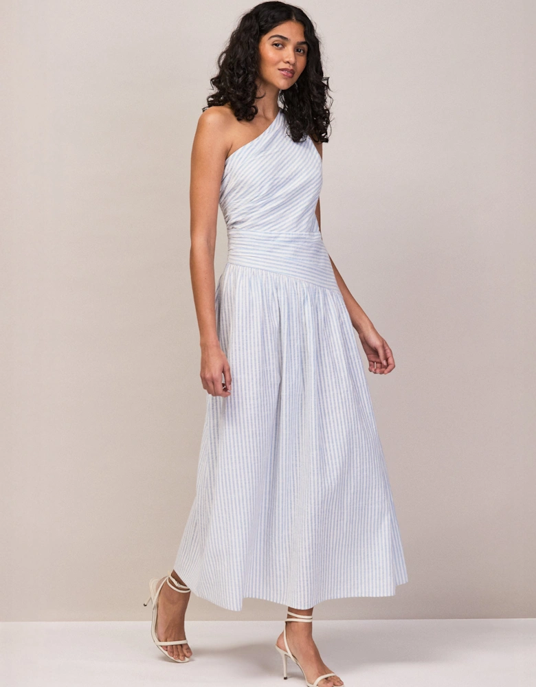 Petite Blue And White Stripe Cotton One Shoulder Dress
