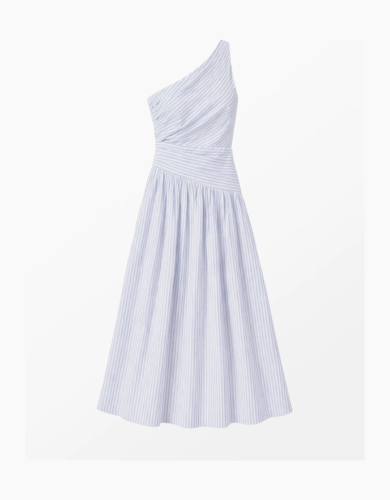 Petite Blue And White Stripe Cotton One Shoulder Dress
