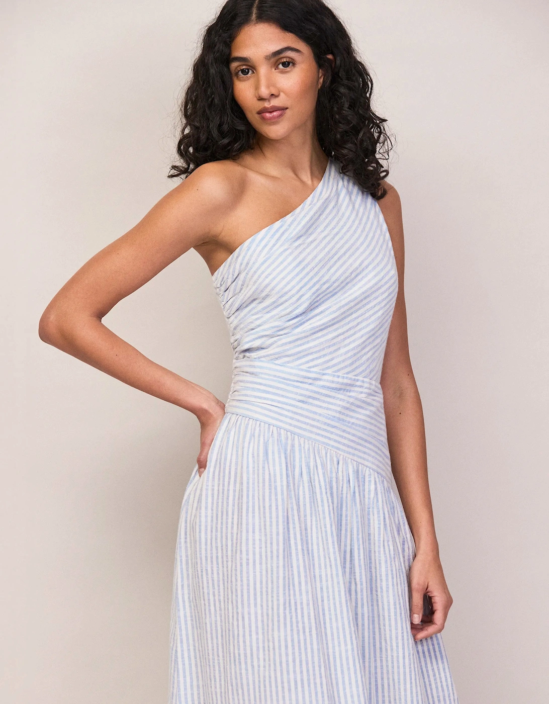 Blue And White Stripe Cotton One Shoulder Dress