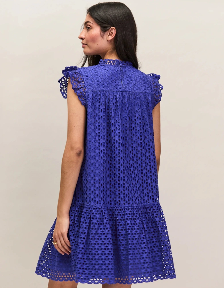 Blue Broderie Anglaise Cotton Mini Dress