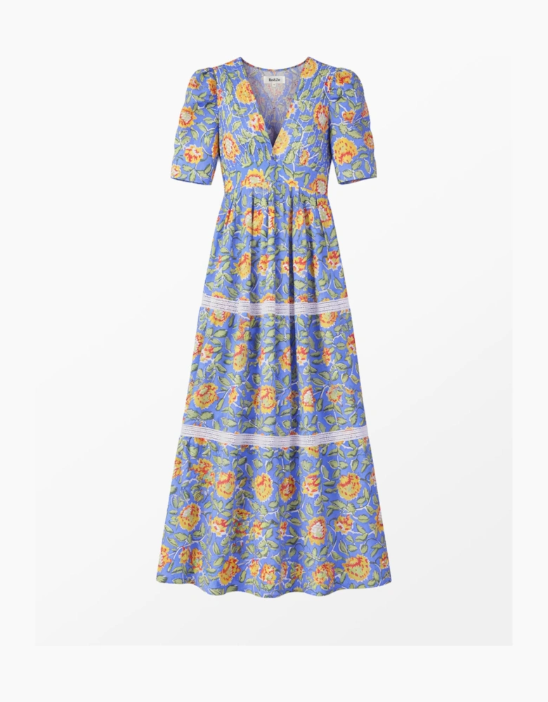 Petite Blue Floral Print Trim Insert Dress