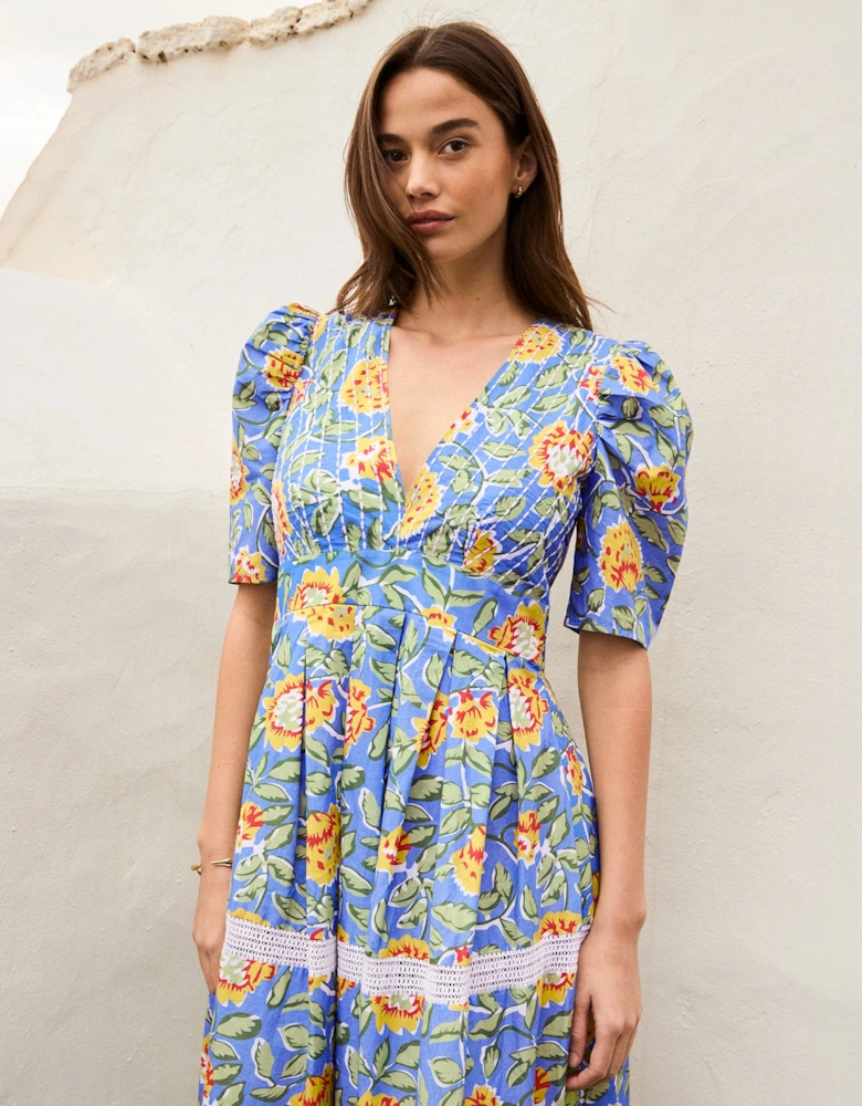 Petite Blue Floral Print Trim Insert Dress