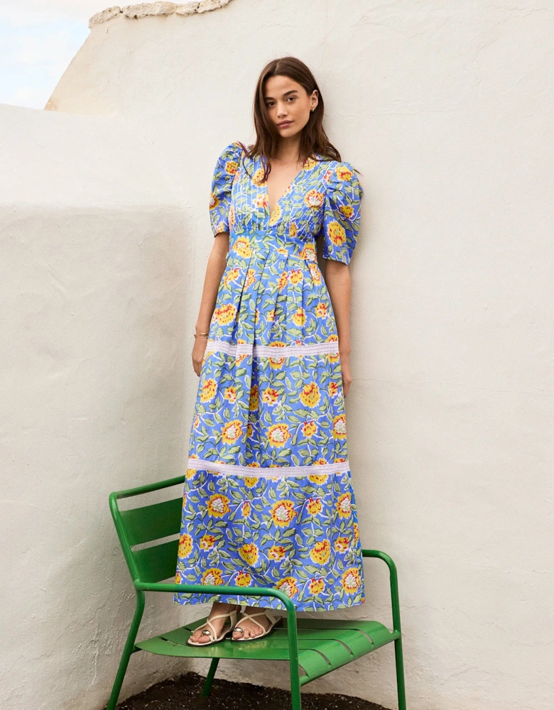 Petite Blue Floral Print Trim Insert Dress