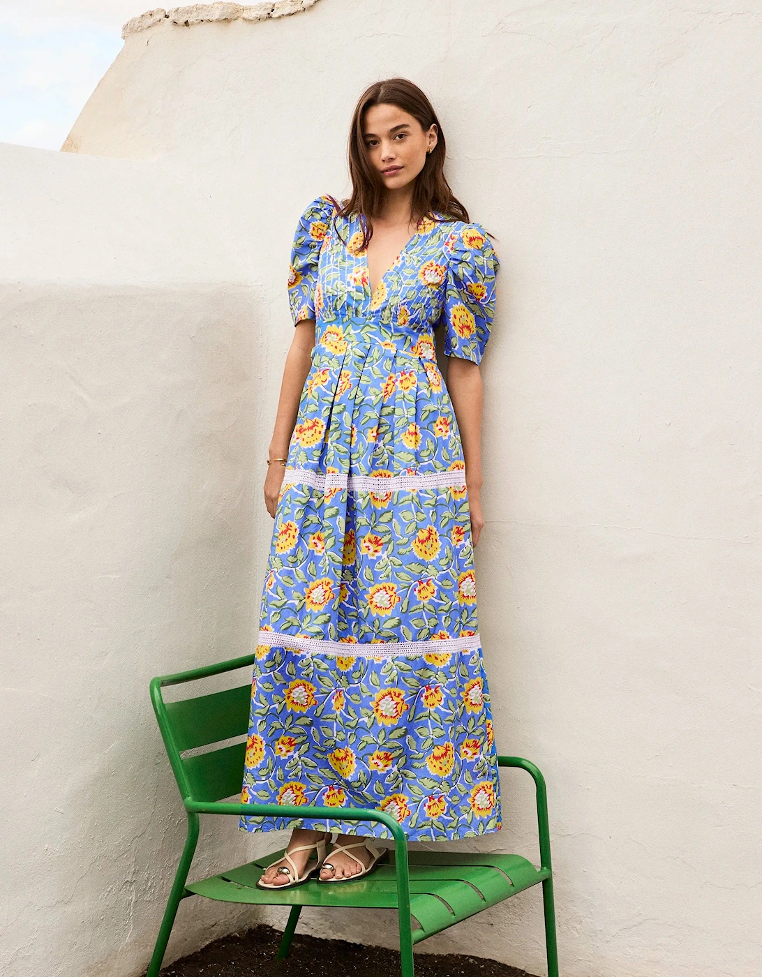 Petite Blue Floral Print Trim Insert Dress
