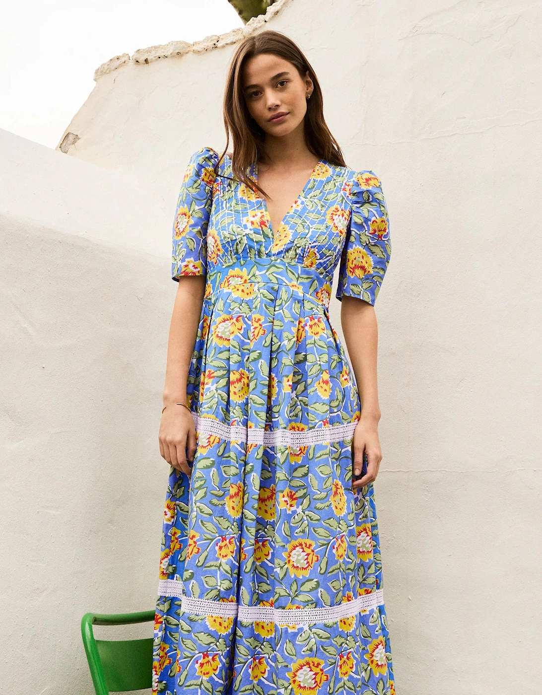 Petite Blue Floral Print Trim Insert Dress