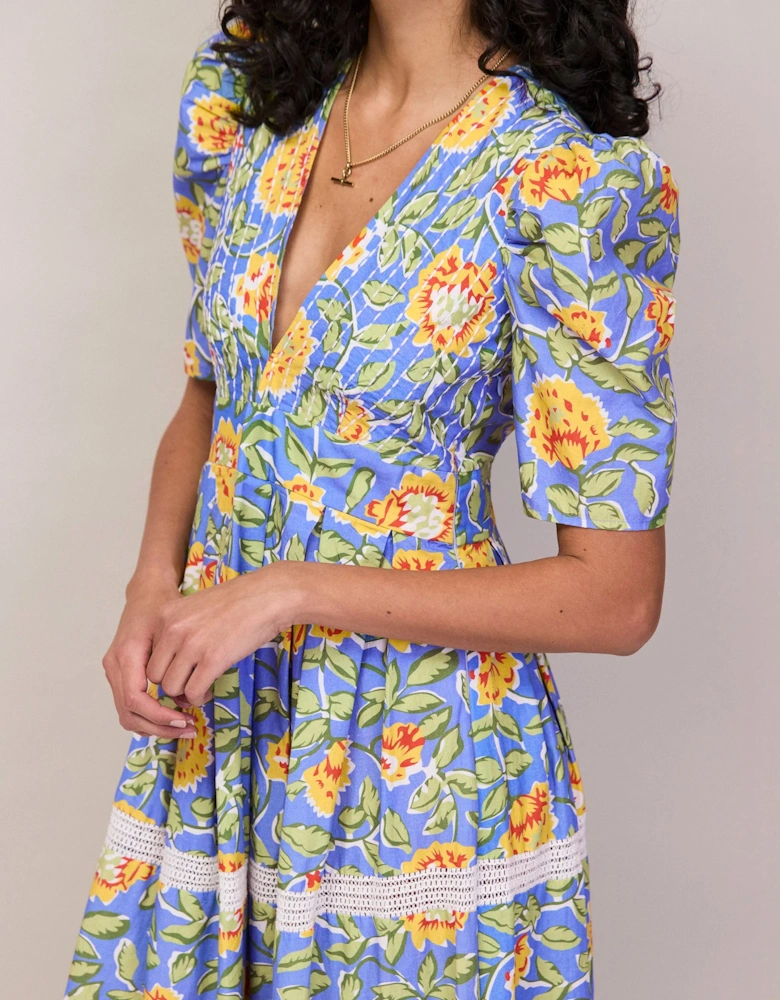 Petite Blue Floral Print Trim Insert Dress