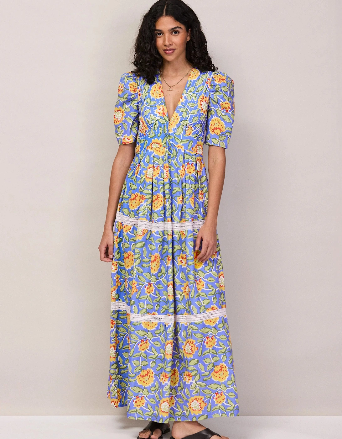 Petite Blue Floral Print Trim Insert Dress