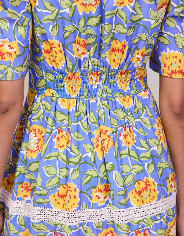 Petite Blue Floral Print Trim Insert Dress