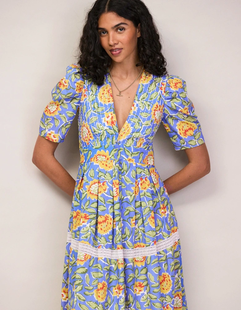 Petite Blue Floral Print Trim Insert Dress
