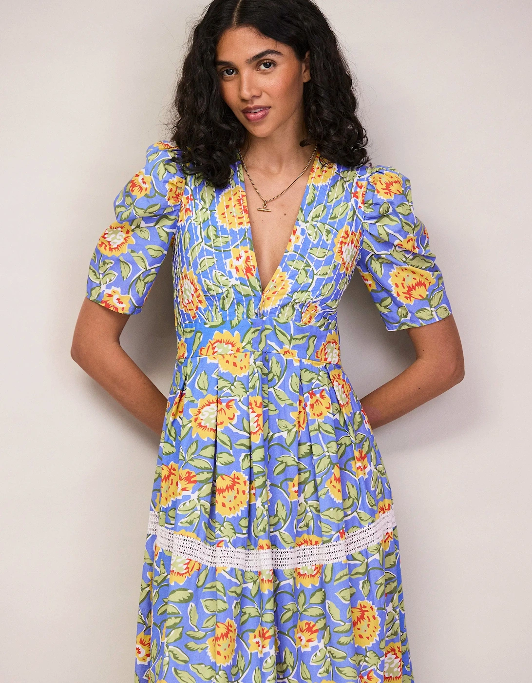 Petite Blue Floral Print Trim Insert Dress