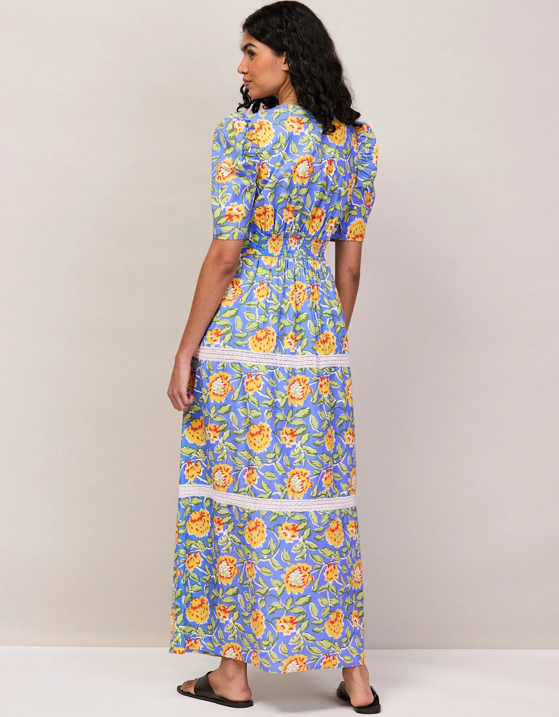 Petite Blue Floral Print Trim Insert Dress