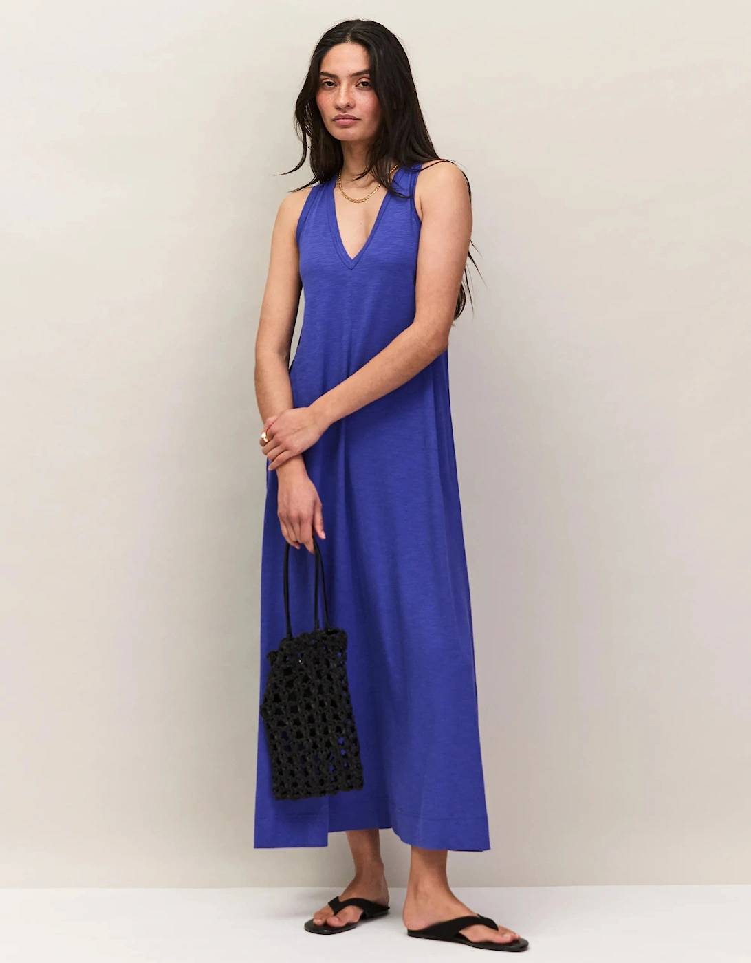 Petite Blue Slub Jersey V-Neck Midi Dress