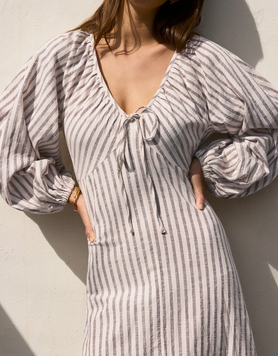 Brown Stripe Cotton Tie Front Dress