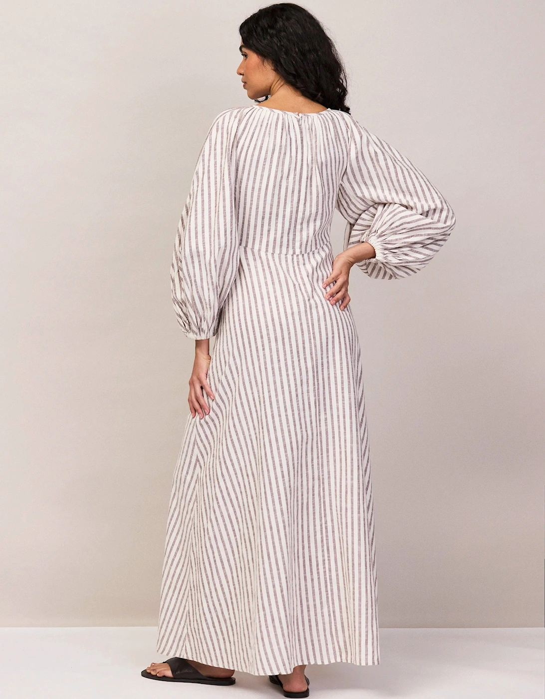 Brown Stripe Cotton Tie Front Dress